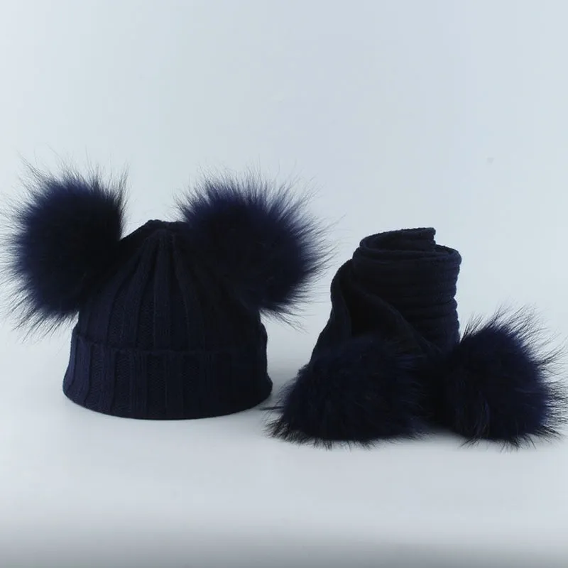 Children Real Natural Fur Pompom Hat Baby Kids Winter Knitted Hat And Scarf Set Boys Girls 4 pieces Pom Pom Beanie Cap