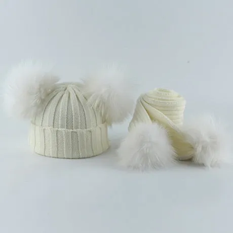 Children Real Natural Fur Pompom Hat Baby Kids Winter Knitted Hat And Scarf Set Boys Girls 4 pieces Pom Pom Beanie Cap