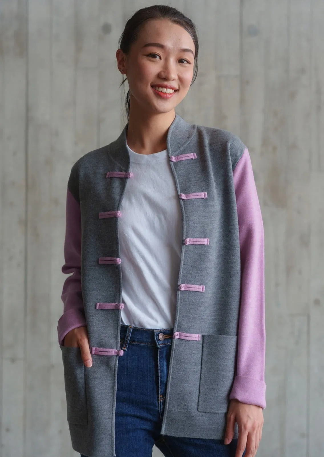 Color-Block Knit Tang Jacket (Grey/ Purple)