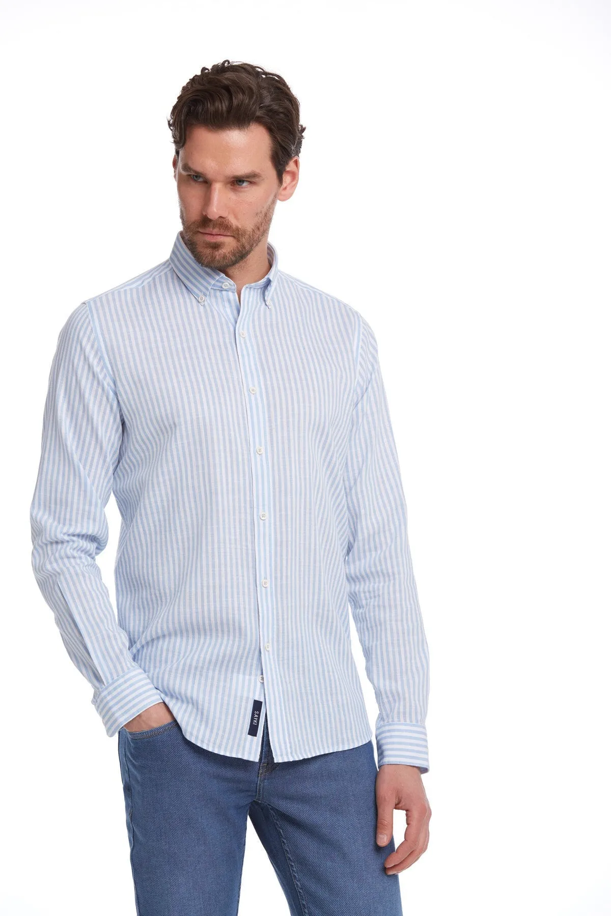 Comfort Fit Striped Cotton Light Blue Casual Shirt