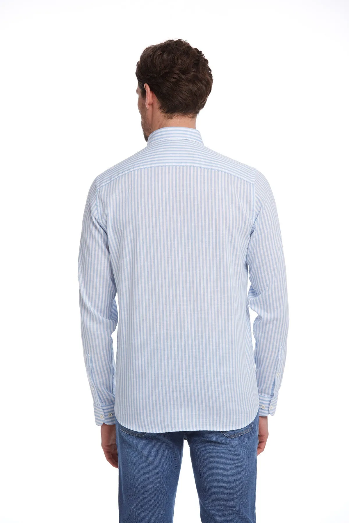 Comfort Fit Striped Cotton Light Blue Casual Shirt