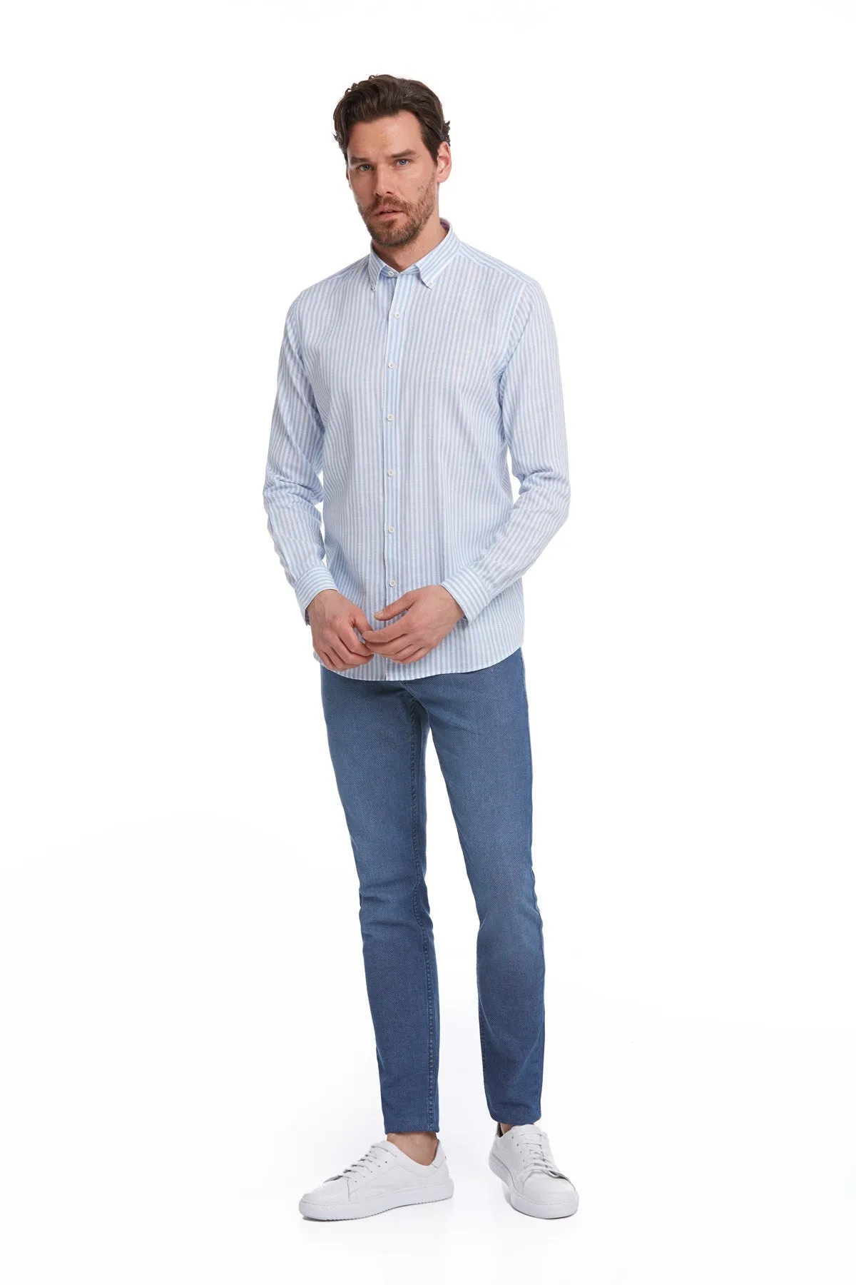 Comfort Fit Striped Cotton Light Blue Casual Shirt