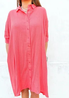 Coral Cotton Shirt Dress