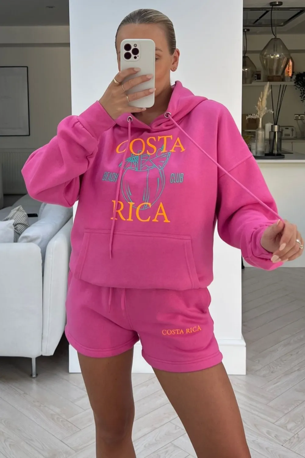 costa rica pink embroidered short hooded loungewear set