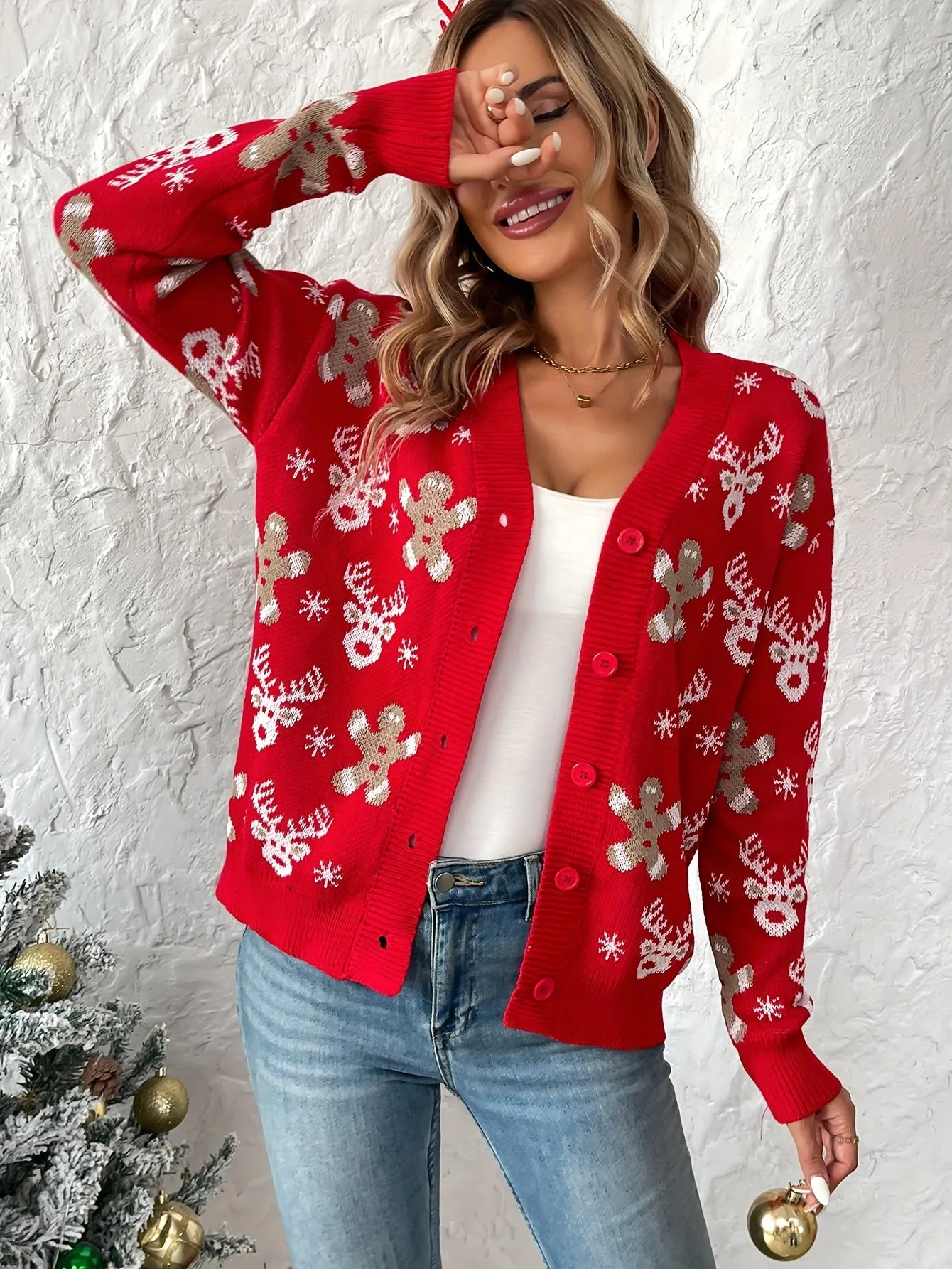 Cozy Christmas Pattern Button Down Knit Cardigan - Elegant V Neck, Long Sleeve, Soft Sweater for Women - Perfect for Winter Holiday Party, Casual Daily Wear, and Gift Giving