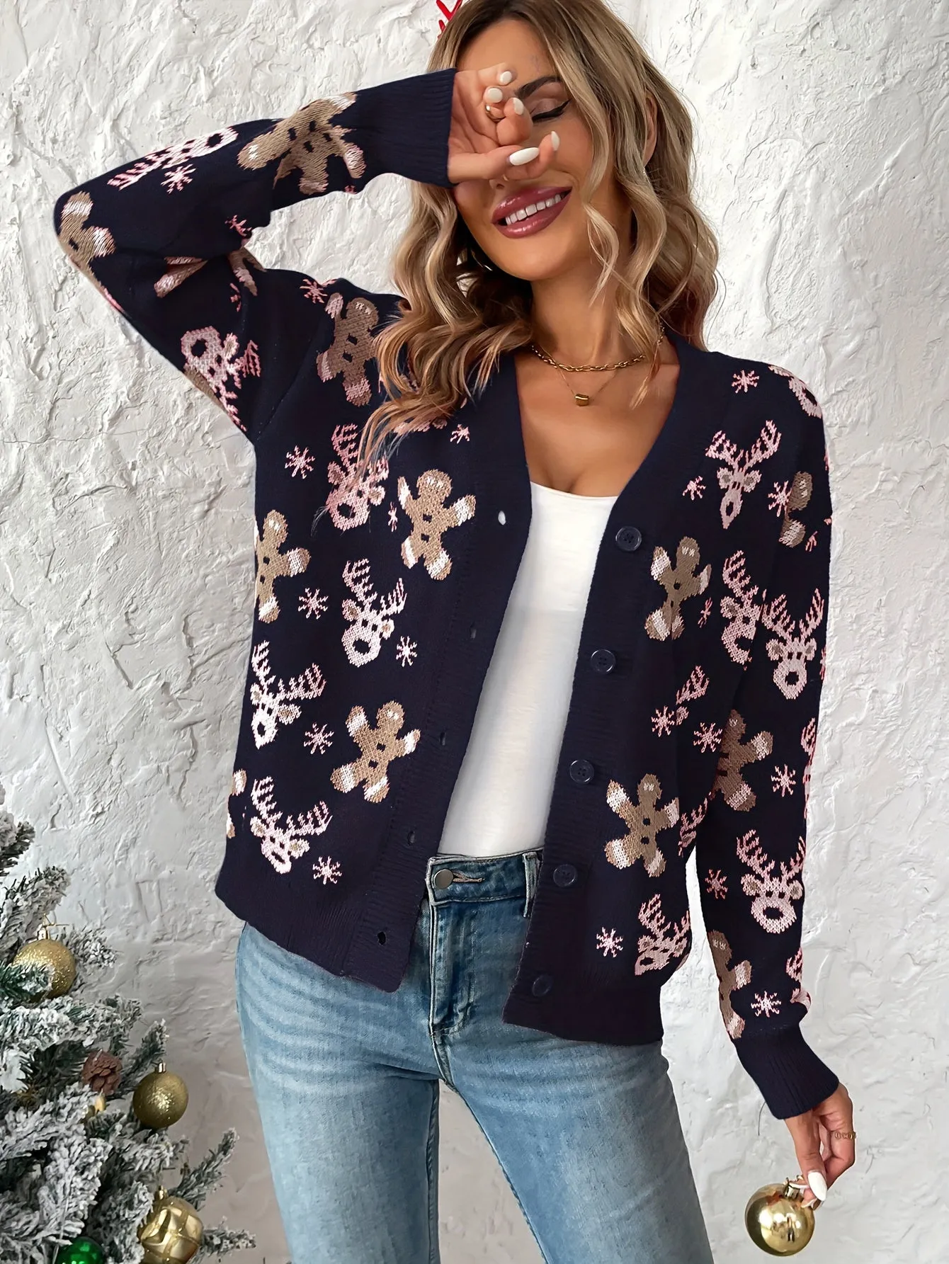 Cozy Christmas Pattern Button Down Knit Cardigan - Elegant V Neck, Long Sleeve, Soft Sweater for Women - Perfect for Winter Holiday Party, Casual Daily Wear, and Gift Giving