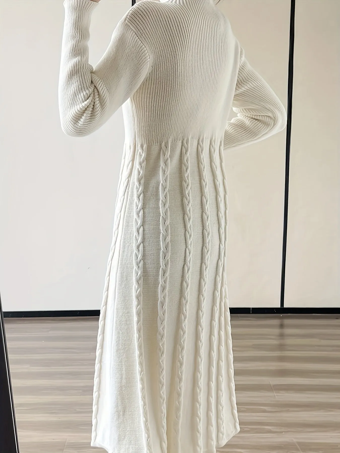 Cozy Long Sleeve Cable Knit Sweater Dress - Women's Elegant Drop Shoulder Mock Neck A-line Dress for Fall & Winter - Soft, Warm, and Comfortable Clothing for Ladies