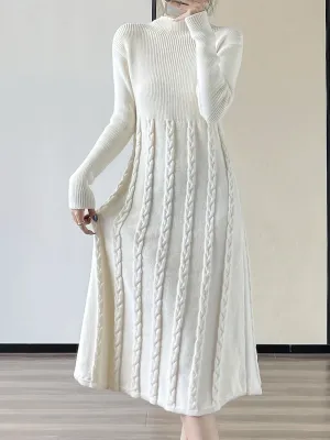 Cozy Long Sleeve Cable Knit Sweater Dress - Women's Elegant Drop Shoulder Mock Neck A-line Dress for Fall & Winter - Soft, Warm, and Comfortable Clothing for Ladies