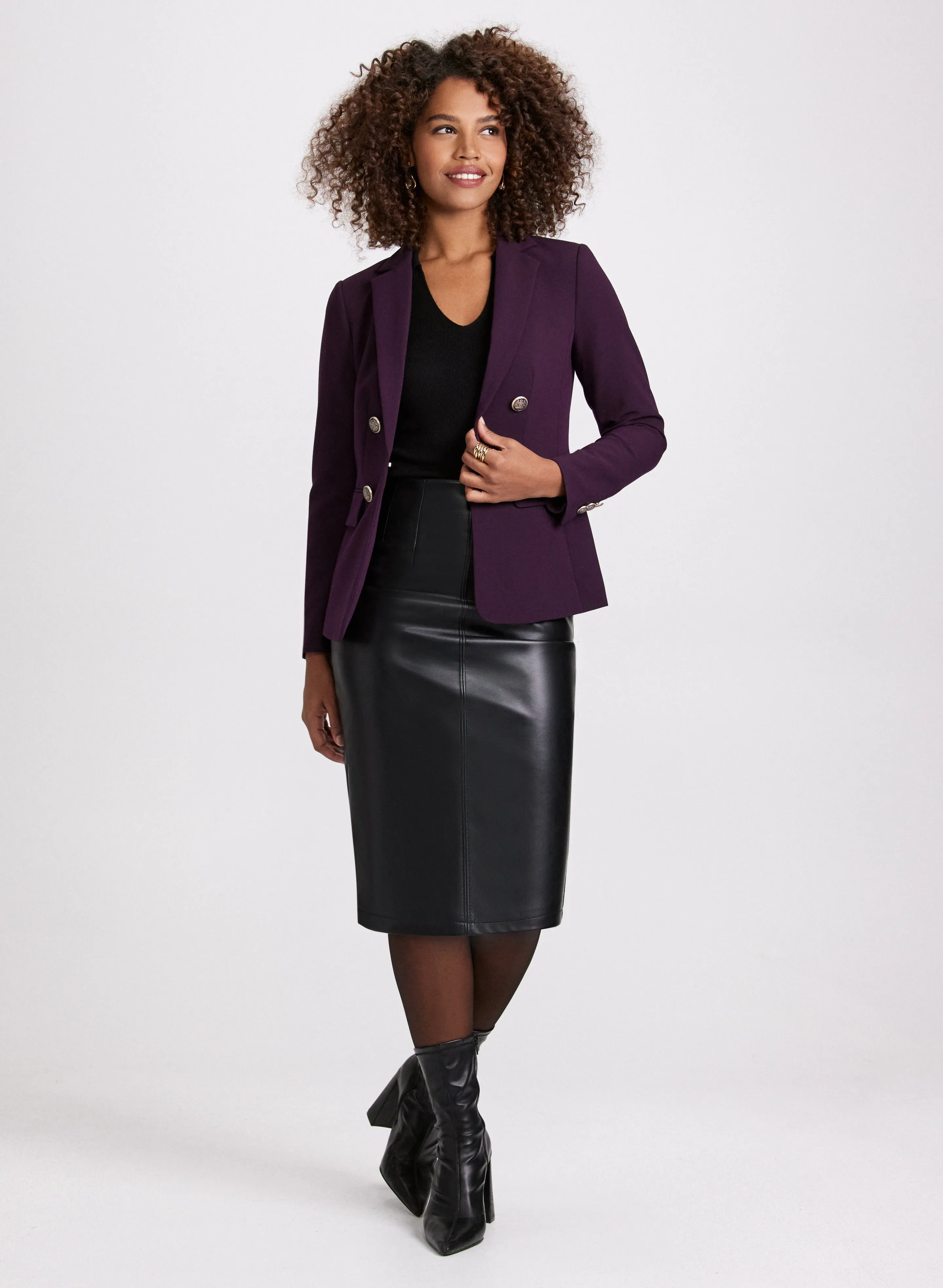 Decorative Button Jacket & Vegan Leather Pencil Skirt