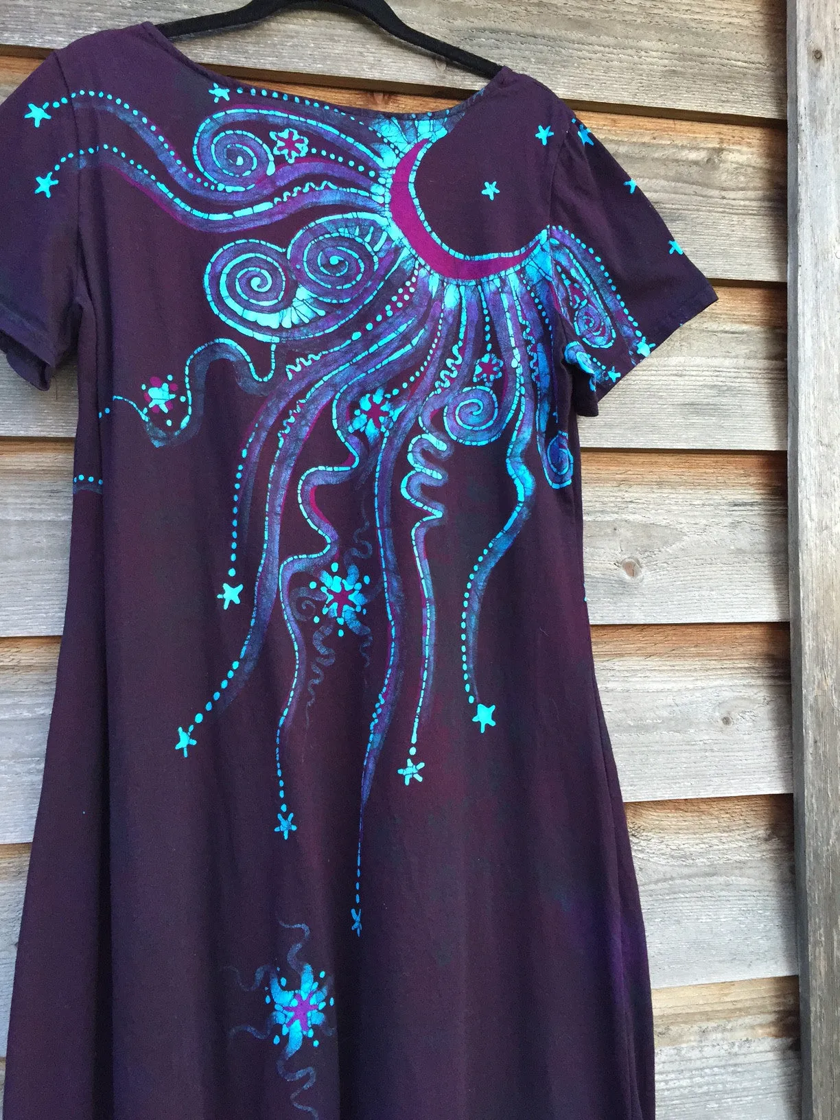 Deep Blue and Purple Moon Burst - Short Sleeve Batik Dress