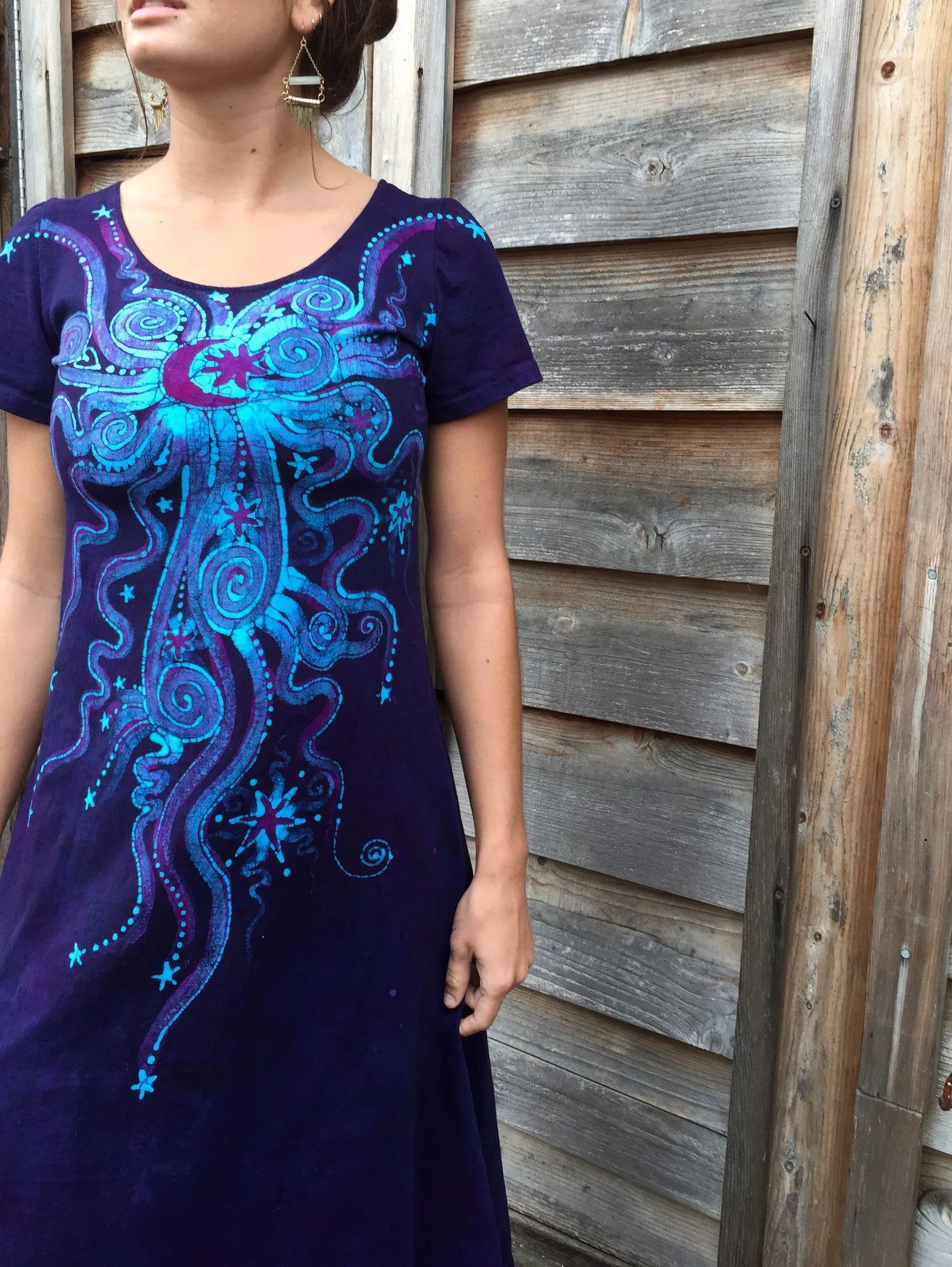 Deep Blue and Purple Moon Burst - Short Sleeve Batik Dress