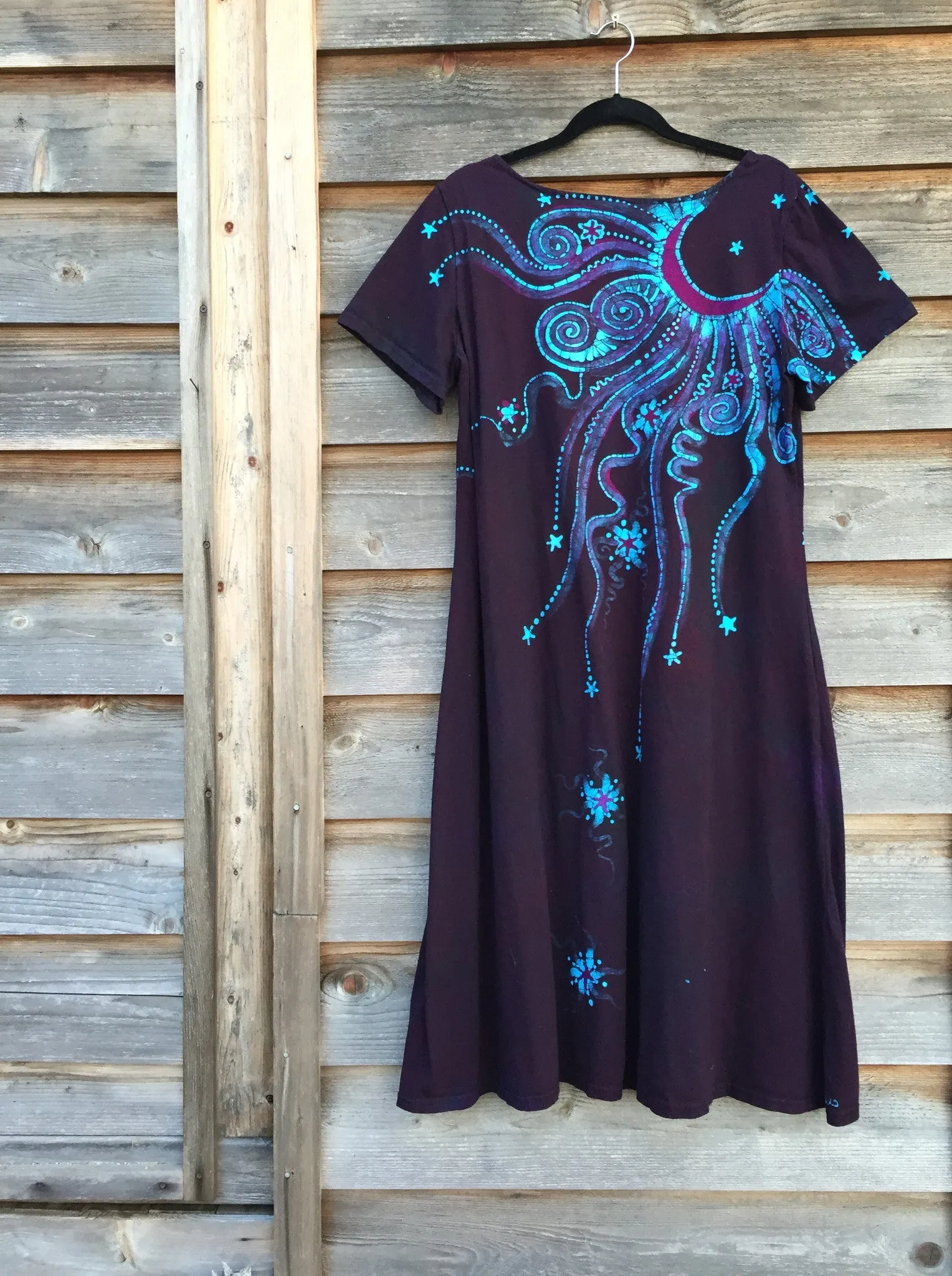 Deep Blue and Purple Moon Burst - Short Sleeve Batik Dress