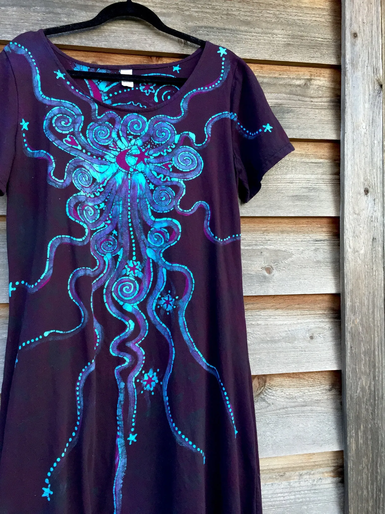 Deep Blue and Purple Moon Burst - Short Sleeve Batik Dress