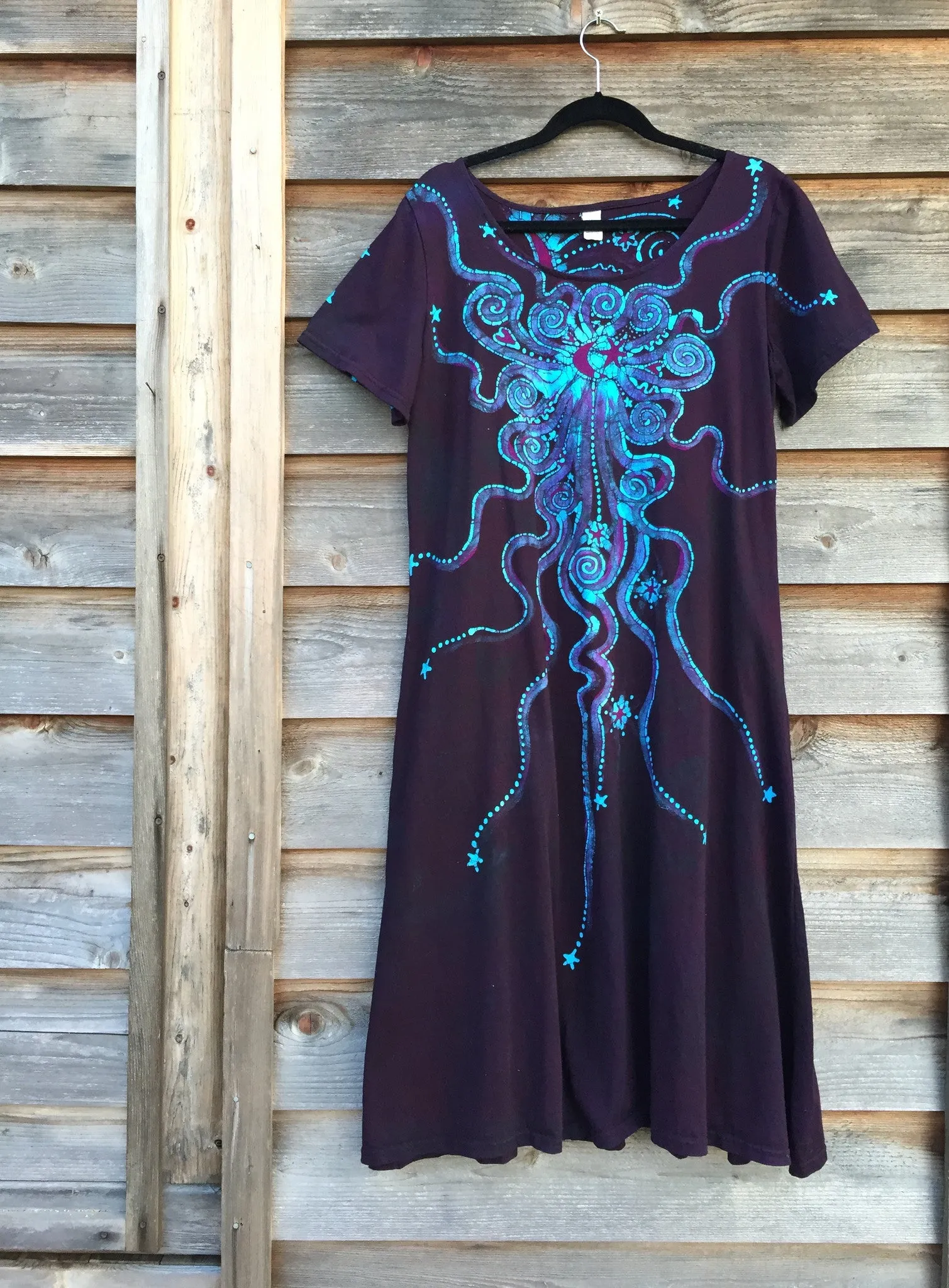 Deep Blue and Purple Moon Burst - Short Sleeve Batik Dress