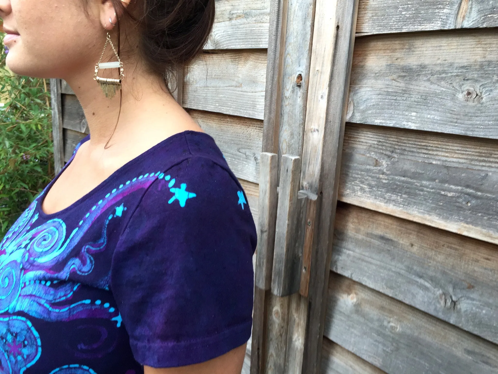 Deep Blue and Purple Moon Burst - Short Sleeve Batik Dress