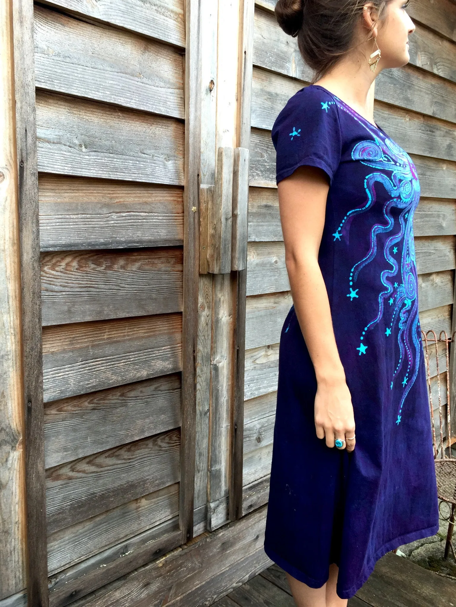 Deep Blue and Purple Moon Burst - Short Sleeve Batik Dress