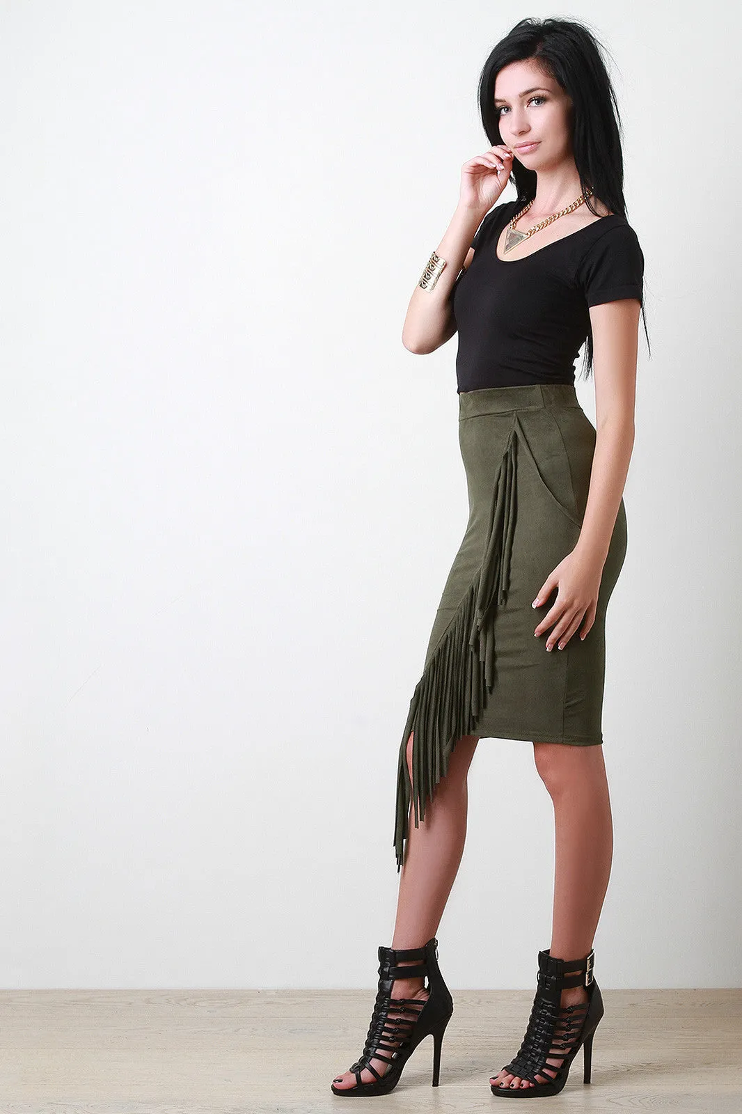 Diagonal Fringe Vegan Suede Skirt