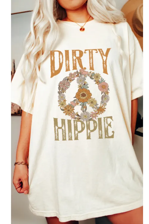 Dirty Hippie Peace Sign T-Shirt, Vintage-Inspired T-Shirt, Trendy Hippie T-Shirt Ovrersized Design and T-Shirt