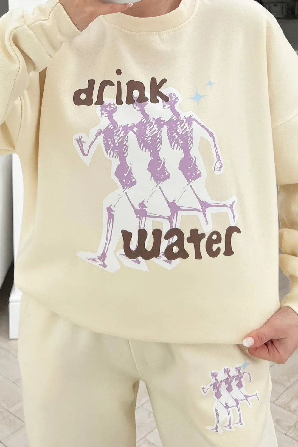 Drink Water Ecru printed sweater loungewear set