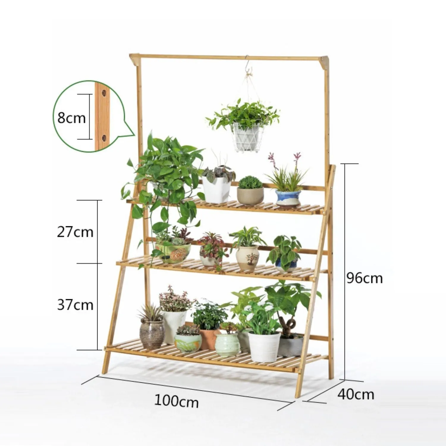 Eco-friendly 3-Tier Bamboo Plant Stand with Hanging Rack