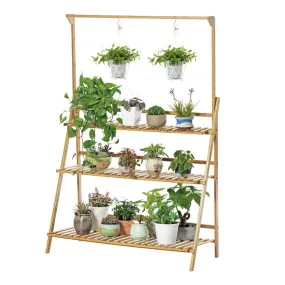 Eco-friendly 3-Tier Bamboo Plant Stand with Hanging Rack