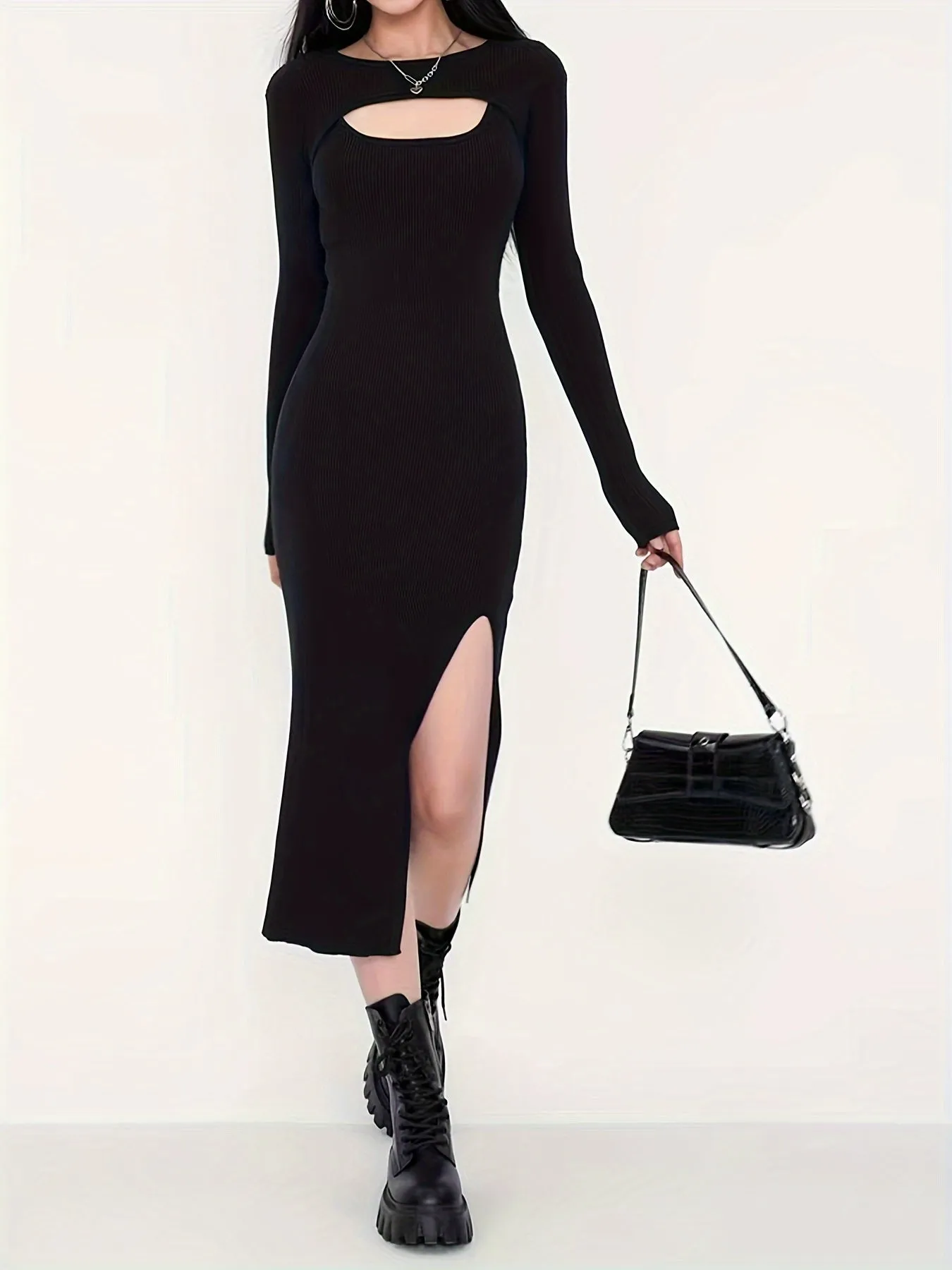 Elegant Bodycon Midi Dress - Sexy Stretch Knit with Long Sleeves, Crew Neck, Chic Asymmetrical Slit