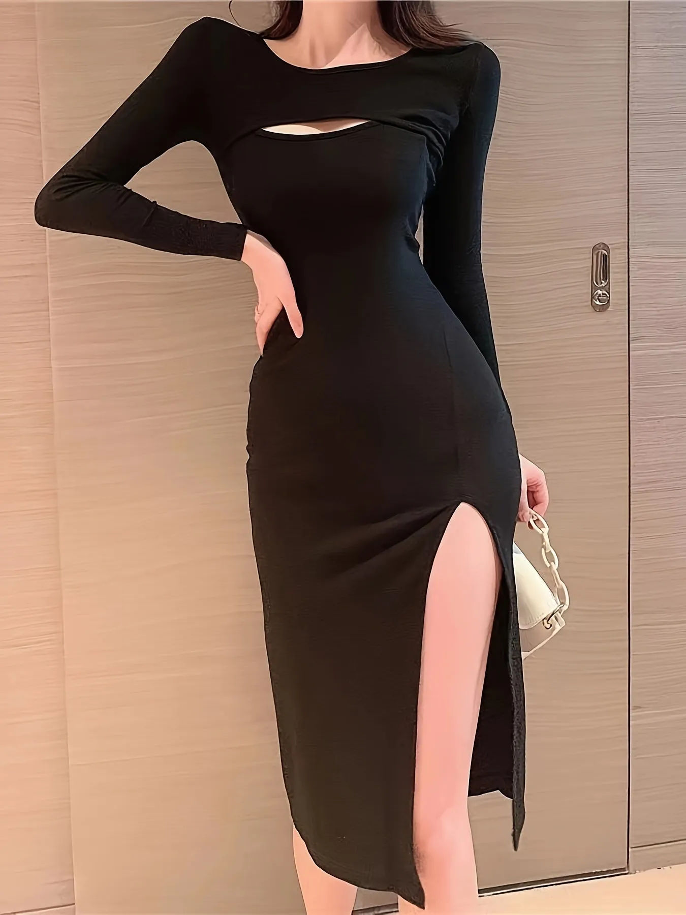 Elegant Bodycon Midi Dress - Sexy Stretch Knit with Long Sleeves, Crew Neck, Chic Asymmetrical Slit