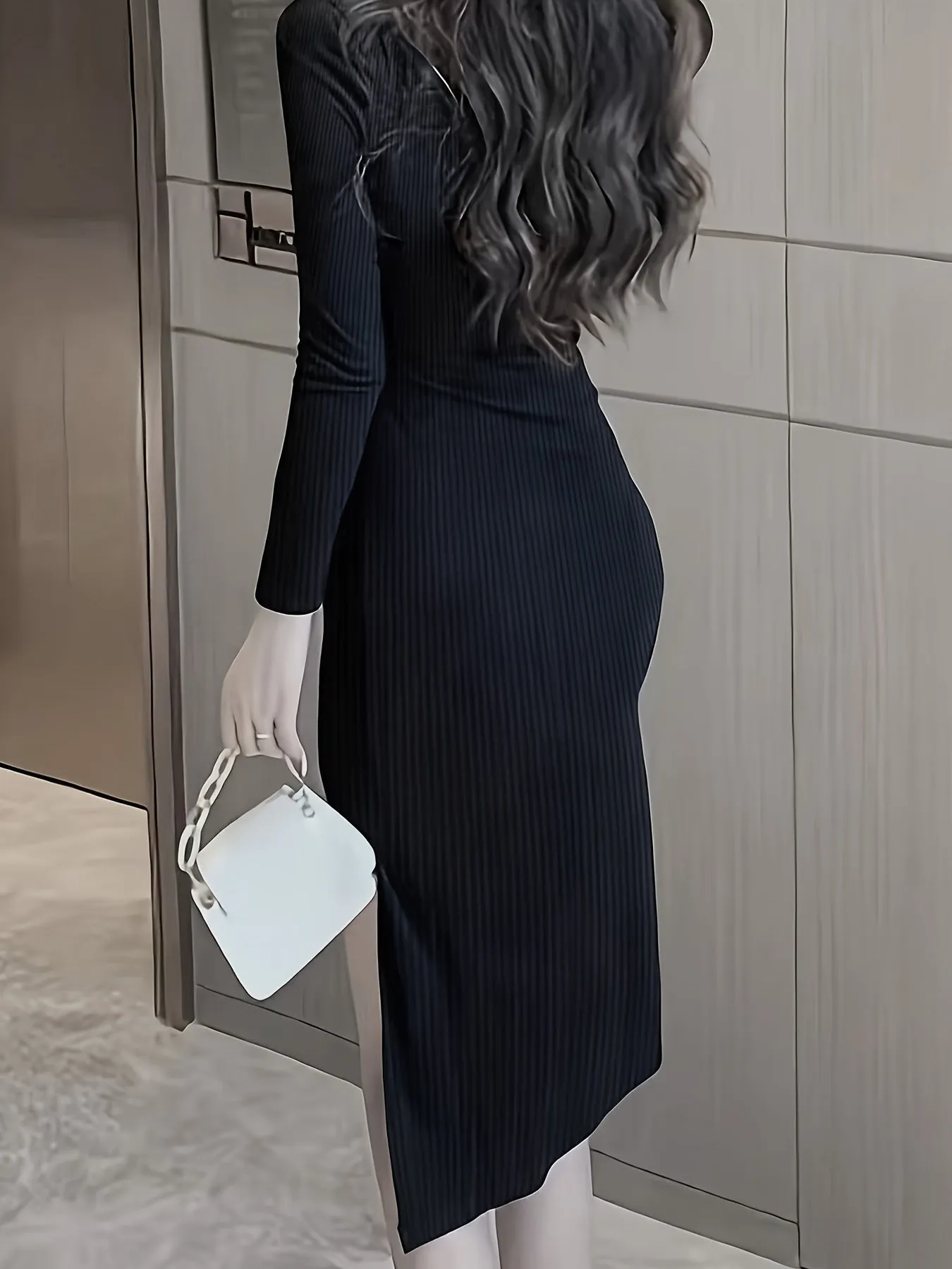 Elegant Bodycon Midi Dress - Sexy Stretch Knit with Long Sleeves, Crew Neck, Chic Asymmetrical Slit