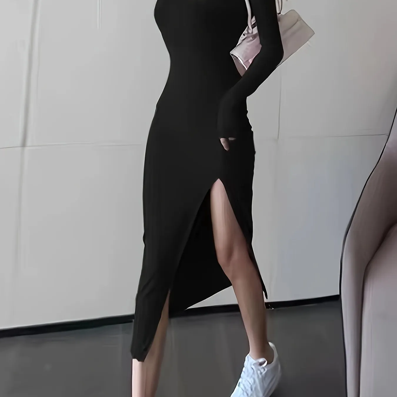 Elegant Bodycon Midi Dress - Sexy Stretch Knit with Long Sleeves, Crew Neck, Chic Asymmetrical Slit