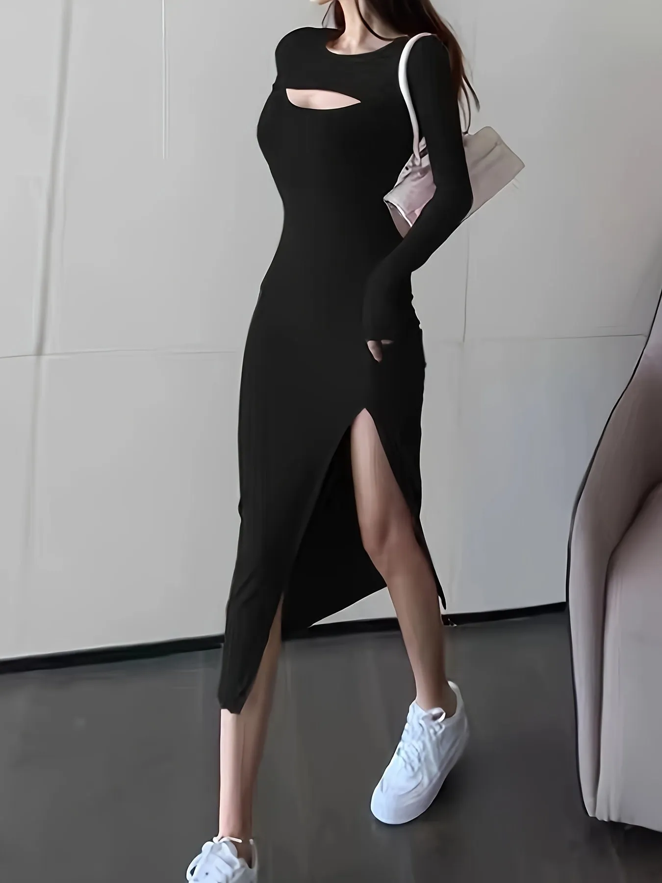 Elegant Bodycon Midi Dress - Sexy Stretch Knit with Long Sleeves, Crew Neck, Chic Asymmetrical Slit