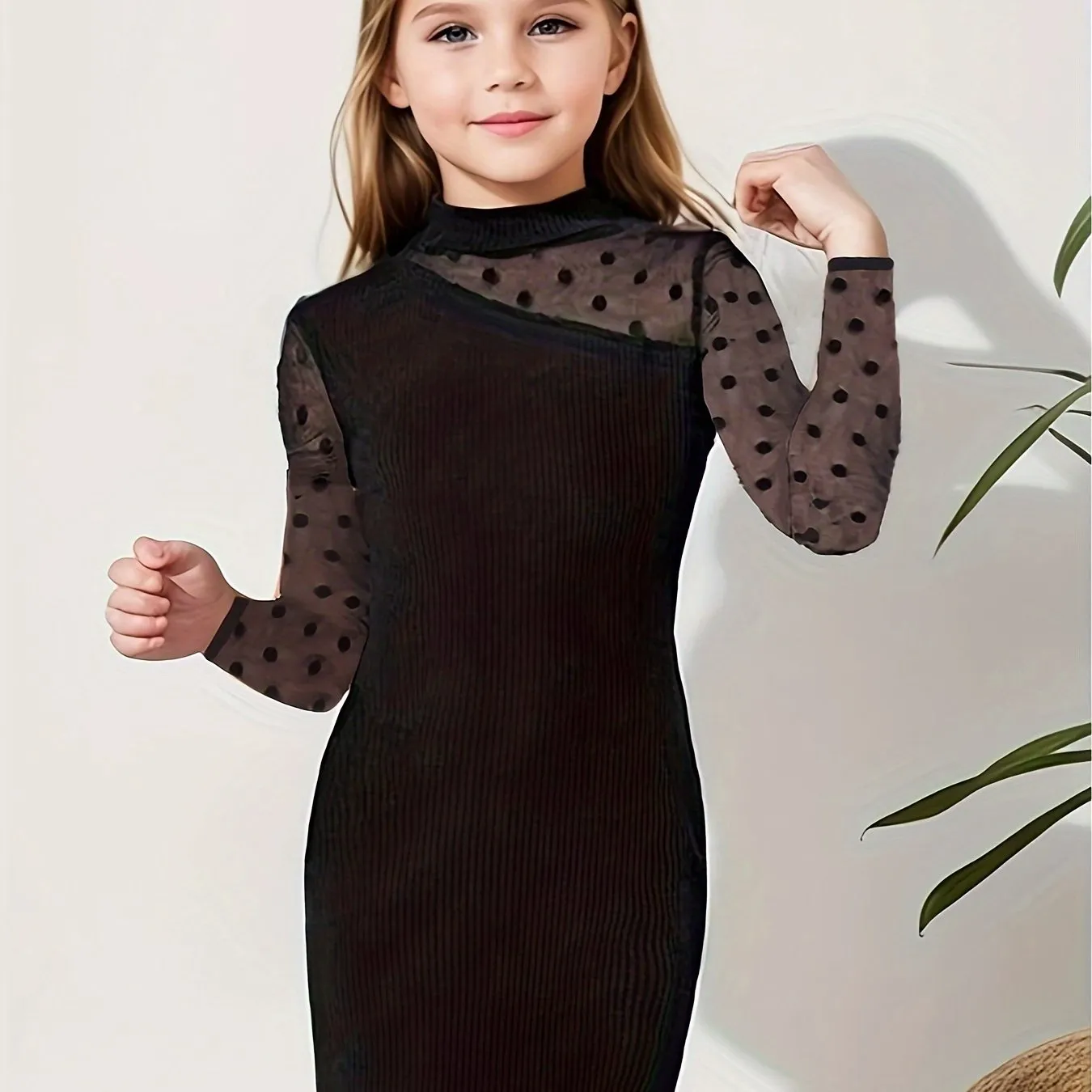 Elegant Girls Splicing Mesh Dress, Long Sleeve, Party & Performance