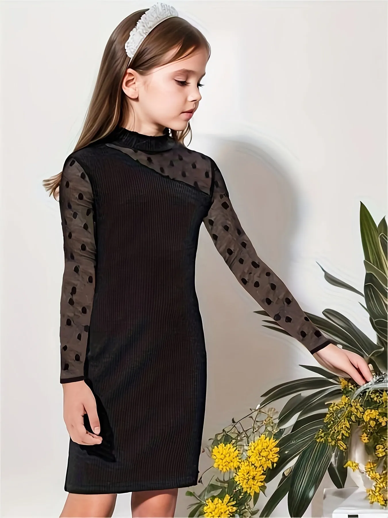 Elegant Girls Splicing Mesh Dress, Long Sleeve, Party & Performance