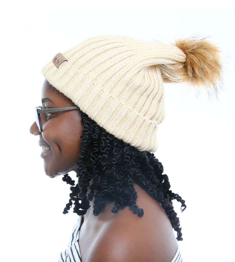 Extra Large Satin Lined Beige Beanie with Detachable Faux Fur Pom Pom