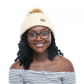 Extra Large Satin Lined Beige Beanie with Detachable Faux Fur Pom Pom