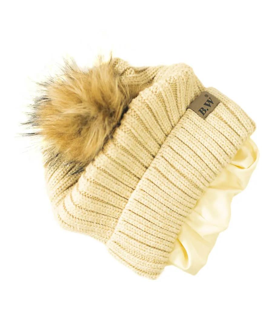 Extra Large Satin Lined Beige Beanie with Detachable Faux Fur Pom Pom