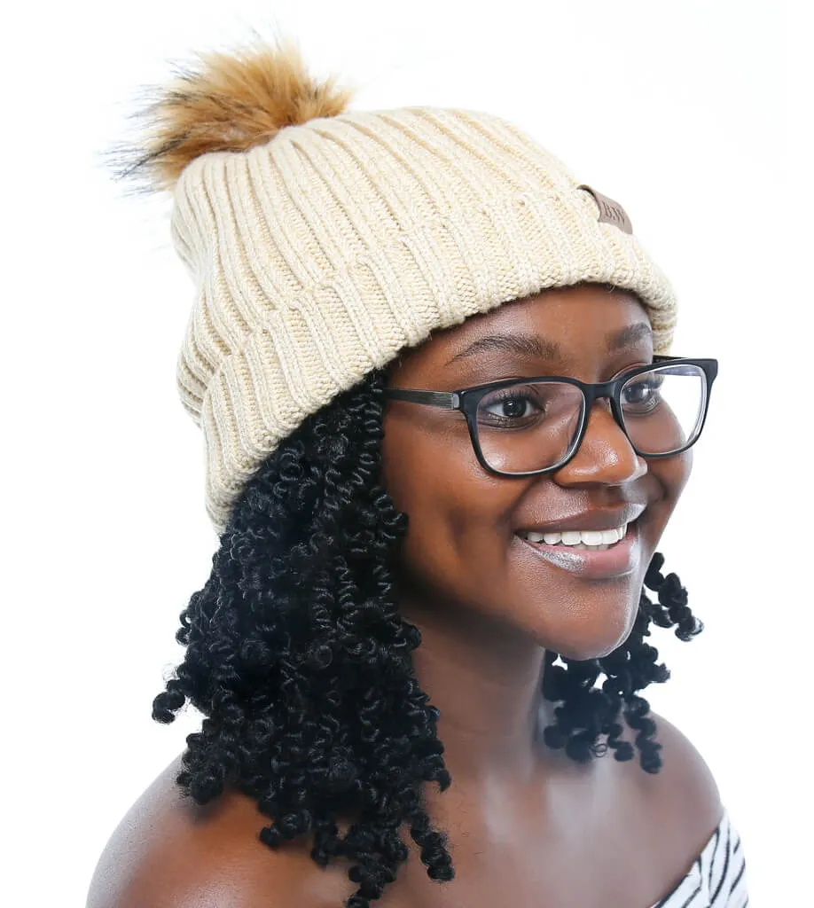 Extra Large Satin Lined Beige Beanie with Detachable Faux Fur Pom Pom