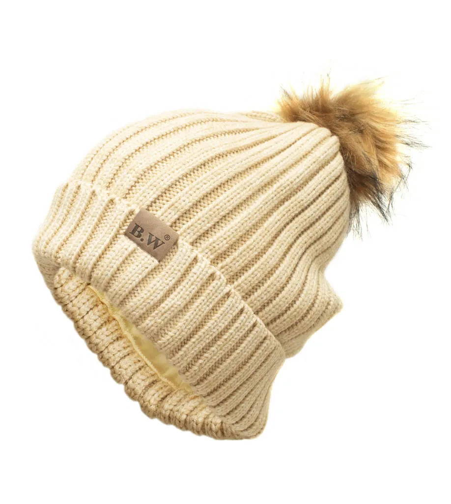 Extra Large Satin Lined Beige Beanie with Detachable Faux Fur Pom Pom