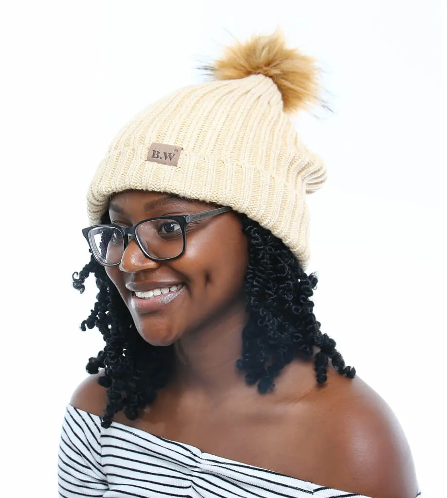 Extra Large Satin Lined Beige Beanie with Detachable Faux Fur Pom Pom