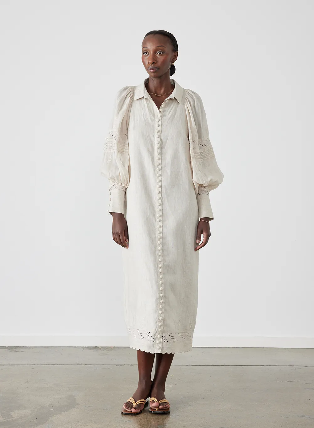 Florence Linen Ramie Embroidery Midi Shirt Dress