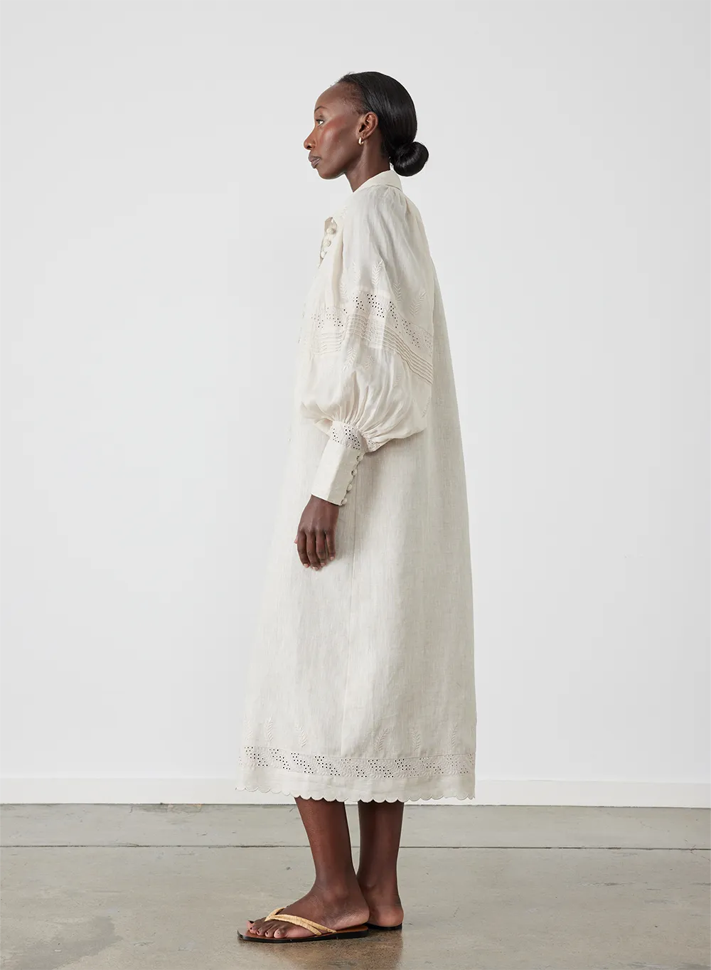 Florence Linen Ramie Embroidery Midi Shirt Dress