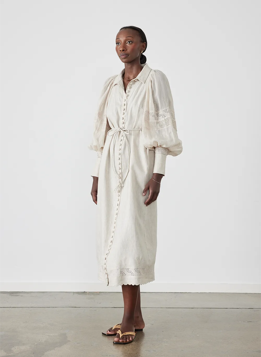 Florence Linen Ramie Embroidery Midi Shirt Dress