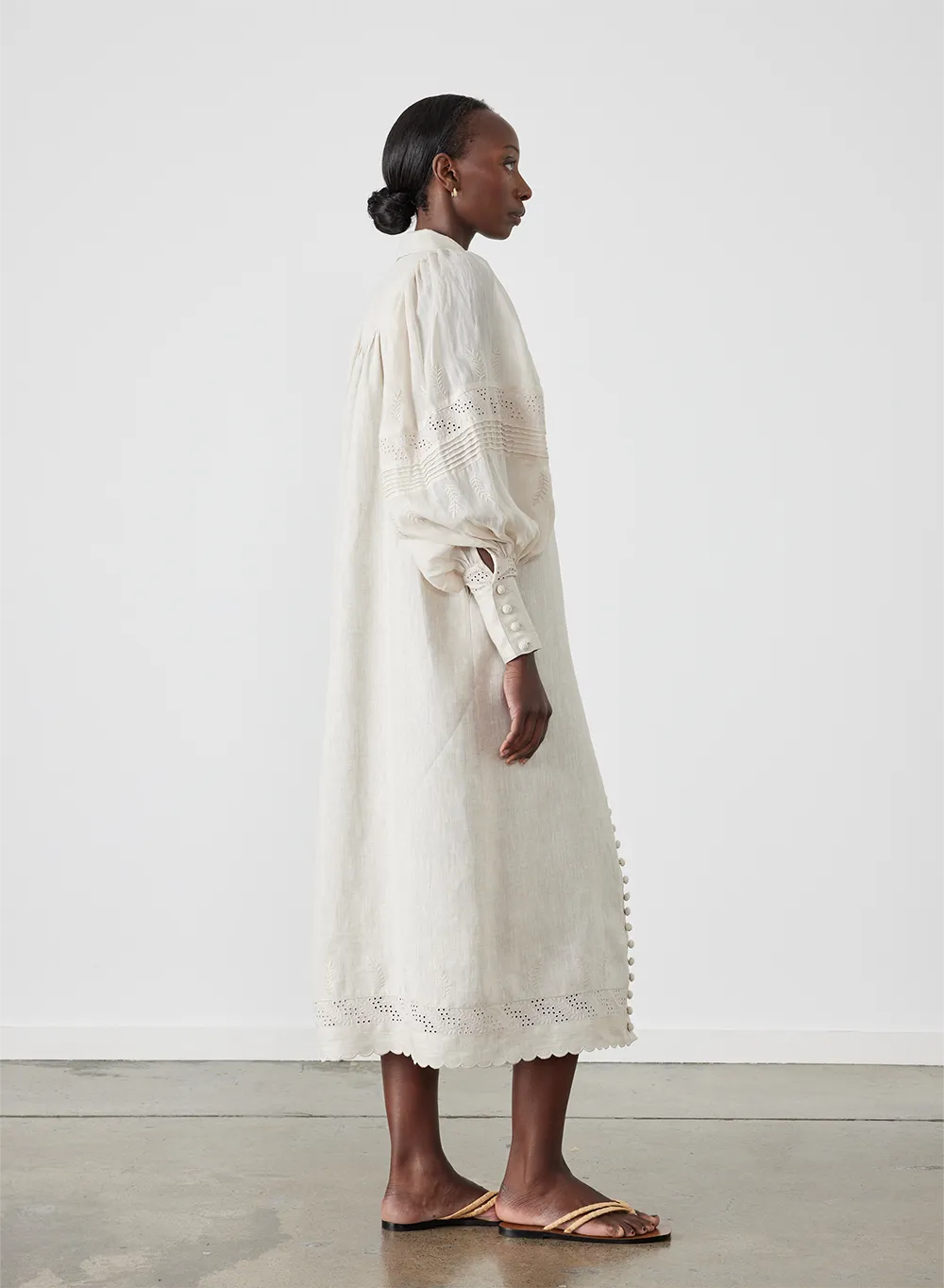 Florence Linen Ramie Embroidery Midi Shirt Dress