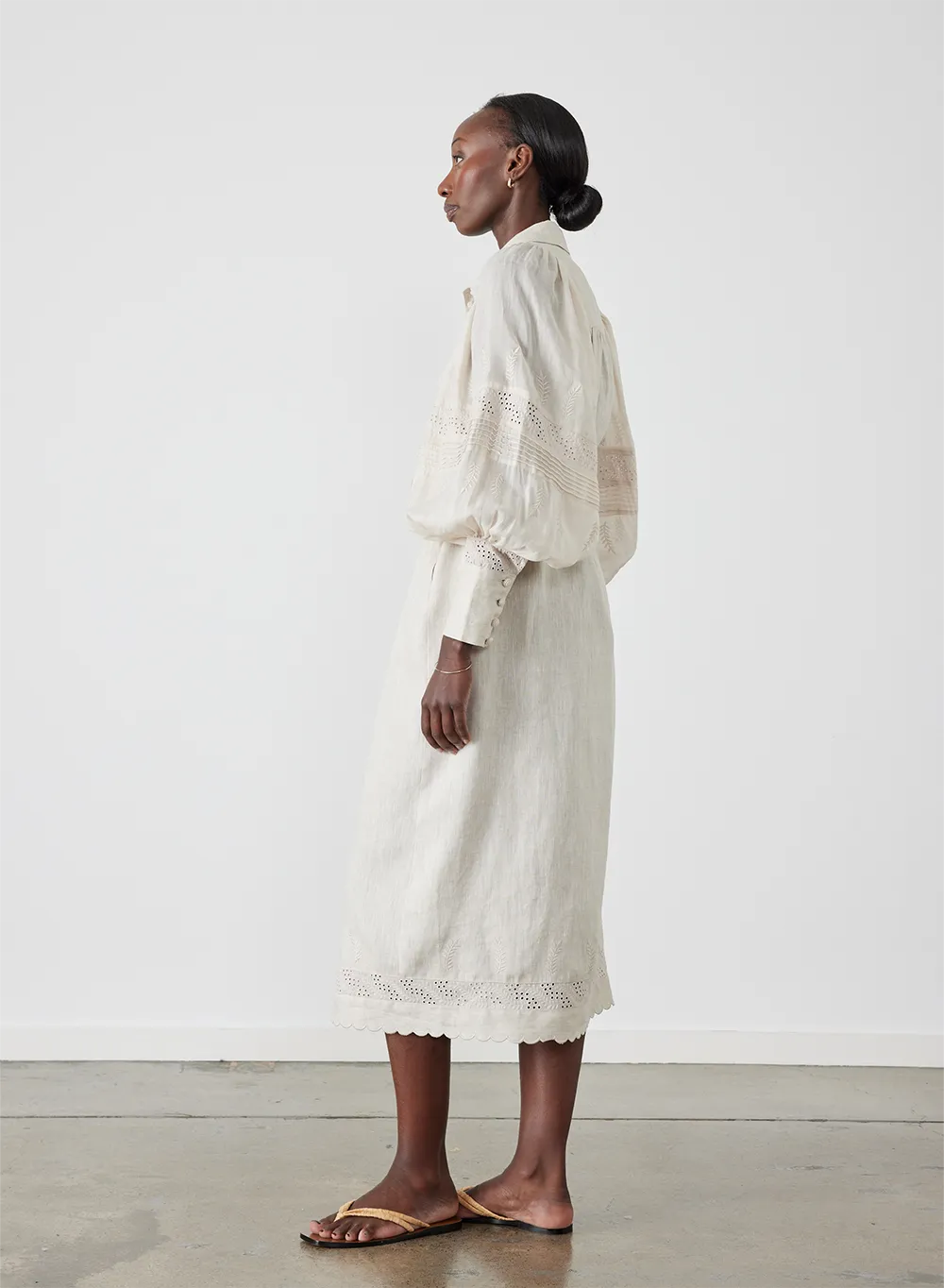 Florence Linen Ramie Embroidery Midi Shirt Dress