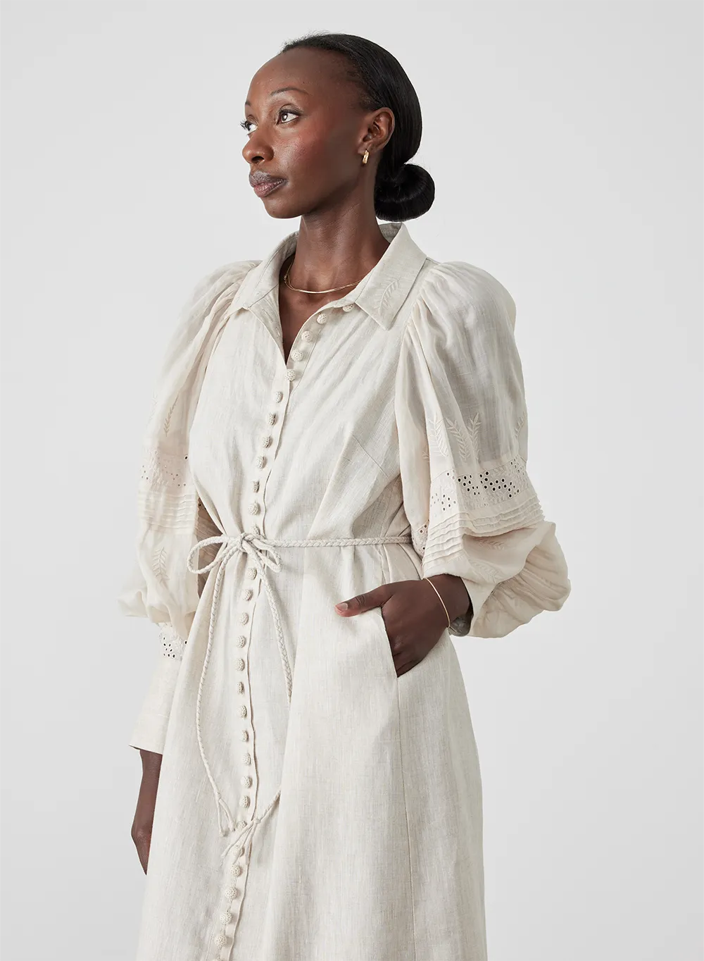 Florence Linen Ramie Embroidery Midi Shirt Dress