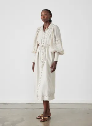 Florence Linen Ramie Embroidery Midi Shirt Dress