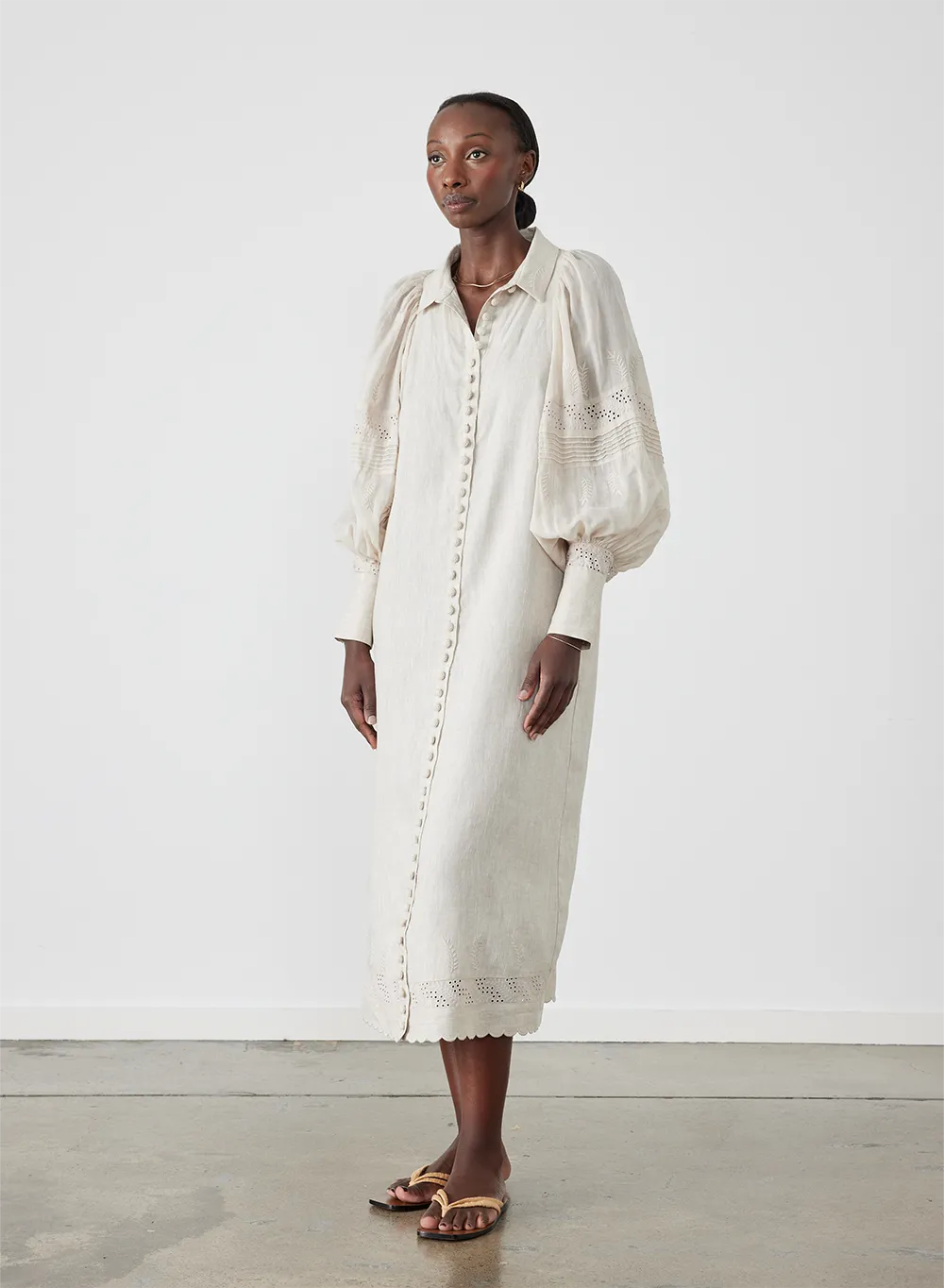 Florence Linen Ramie Embroidery Midi Shirt Dress