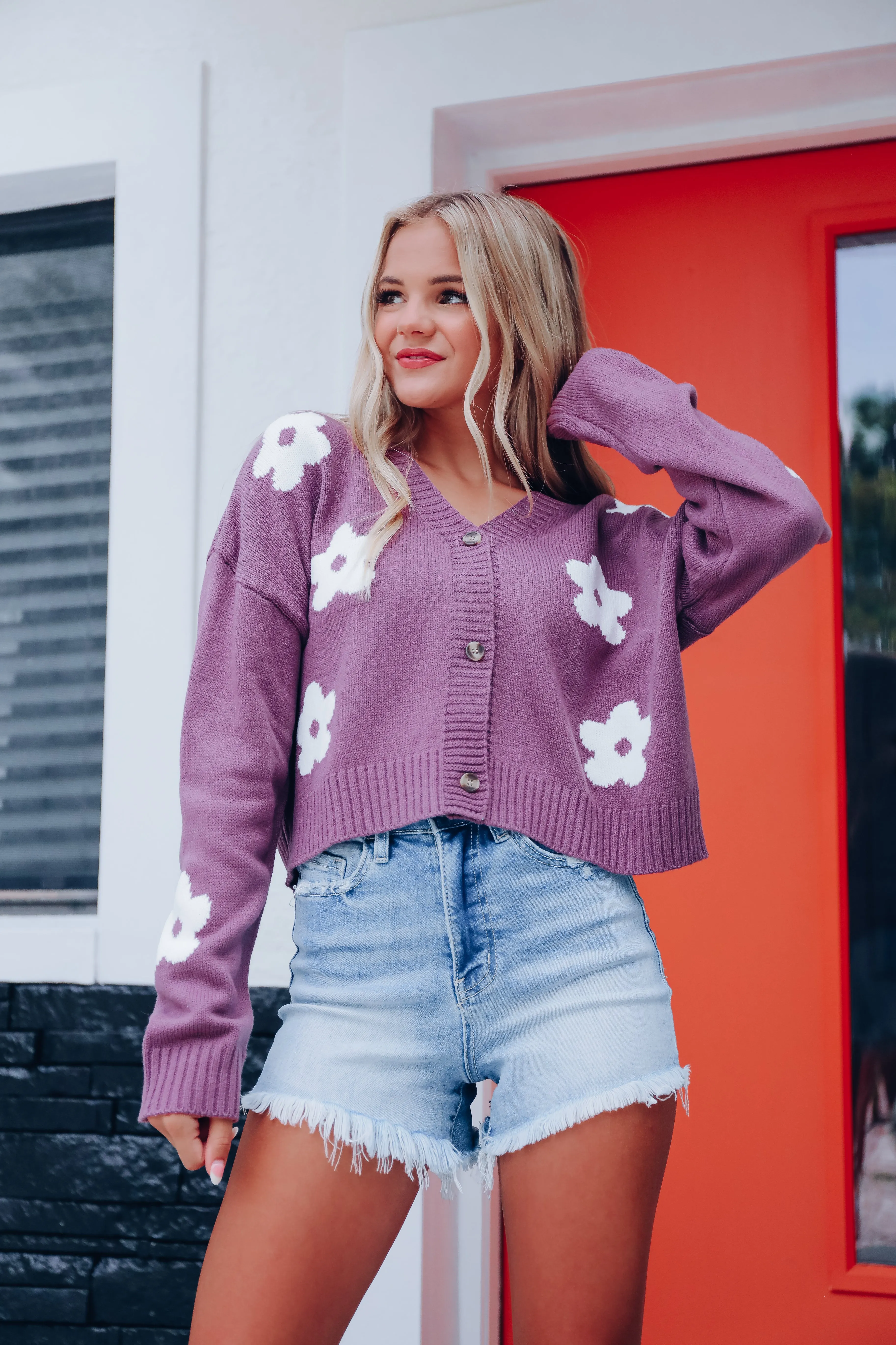 Flower Shops Button Front Cropped Cardigan - Lavender