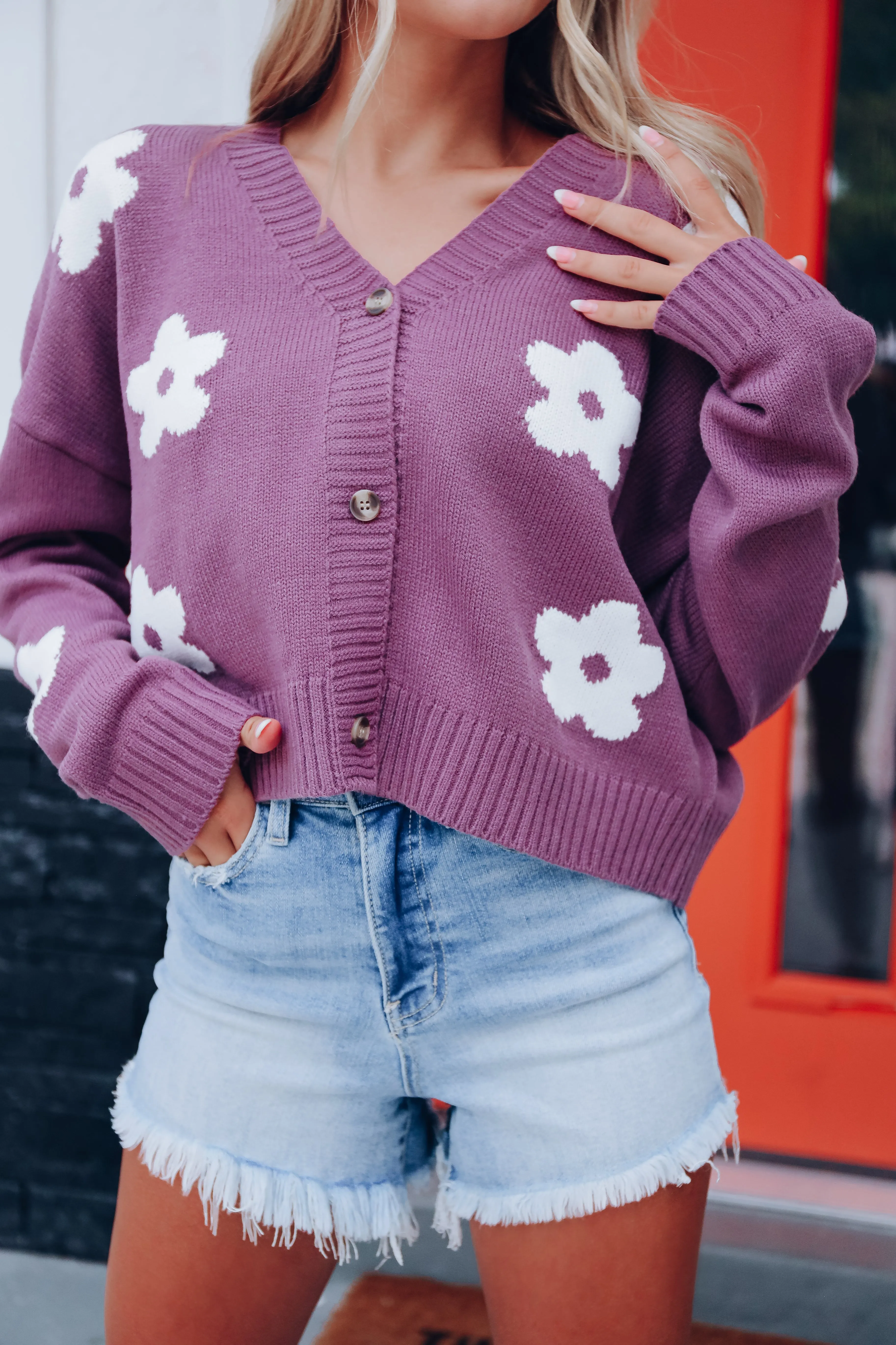 Flower Shops Button Front Cropped Cardigan - Lavender