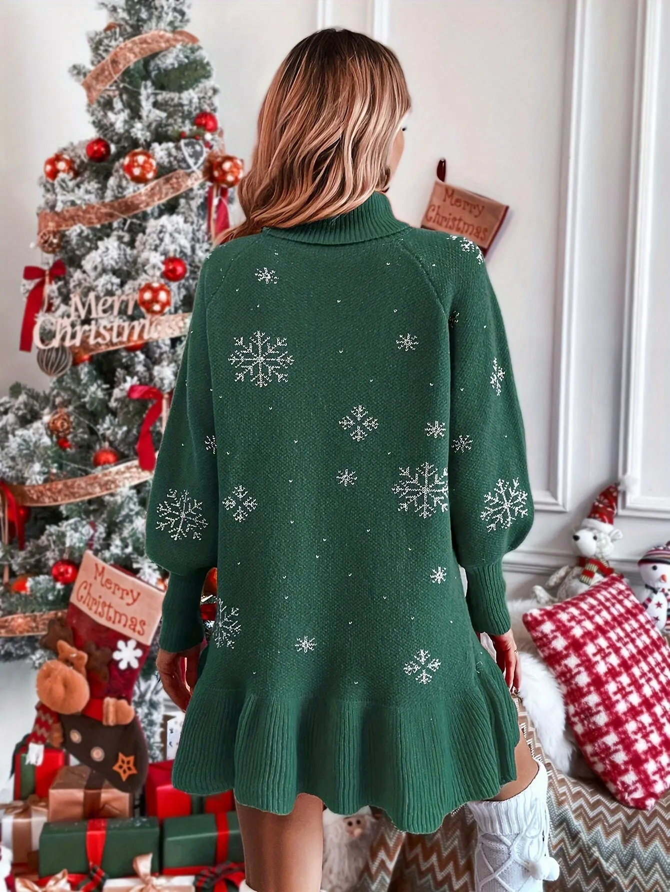 For Fall & Winter, Casual Christmas Snowflake Turtle Neck Knit Dress, Lantern Sleeve Ruffle Hem Women's Clothing