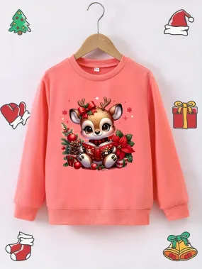 For Girls 12 and Under: Adorable Deer Print Christmas Sweatshirt - Soft Polyester Blend, Crew Neck, Slight Stretch, Knit Fabric, Long Sleeve, Loose Fit Casual Wear